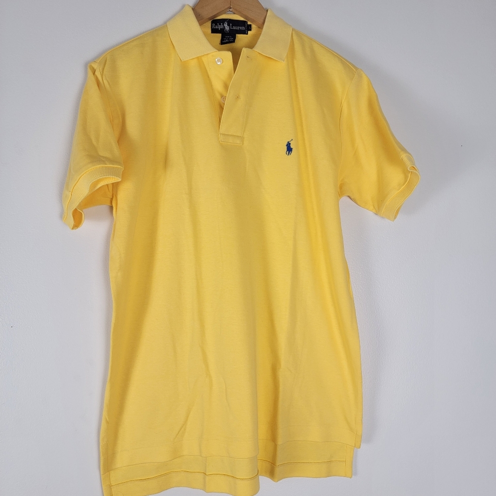 Ralph Lauren Men's Polo Shirt Bright Yellow Blue Pony Large Smooth Cotton Jersey - Picture 4 of 5